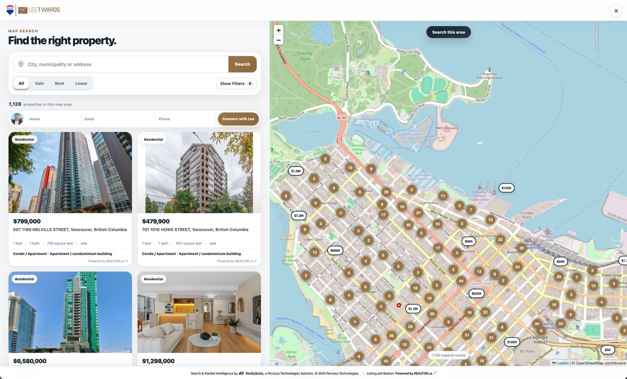 RealtySuite V7 map search showing listing cards and an interactive map